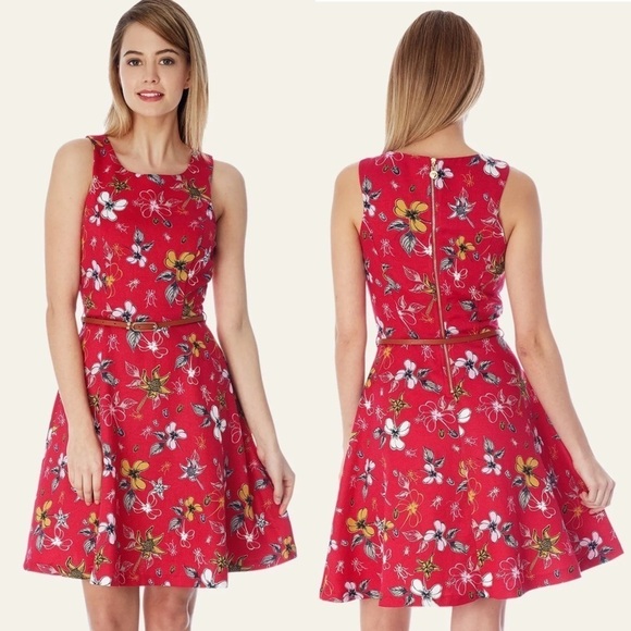 Yumi  Sleeveless Floral Casual DARK PINK SKATER DRESS - Picture 1 of 14